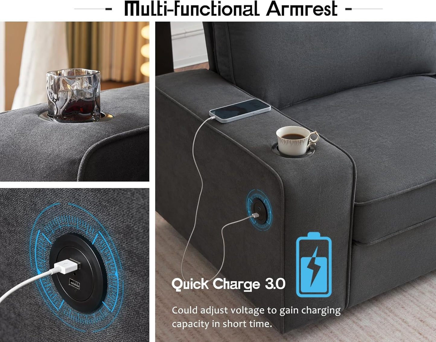 AMERLIFE Chenille Sofa Chair, Modern Comfy Couch with Cup Holders & USB Ports for Living Room, Charcoal Grey Upholstered Couch