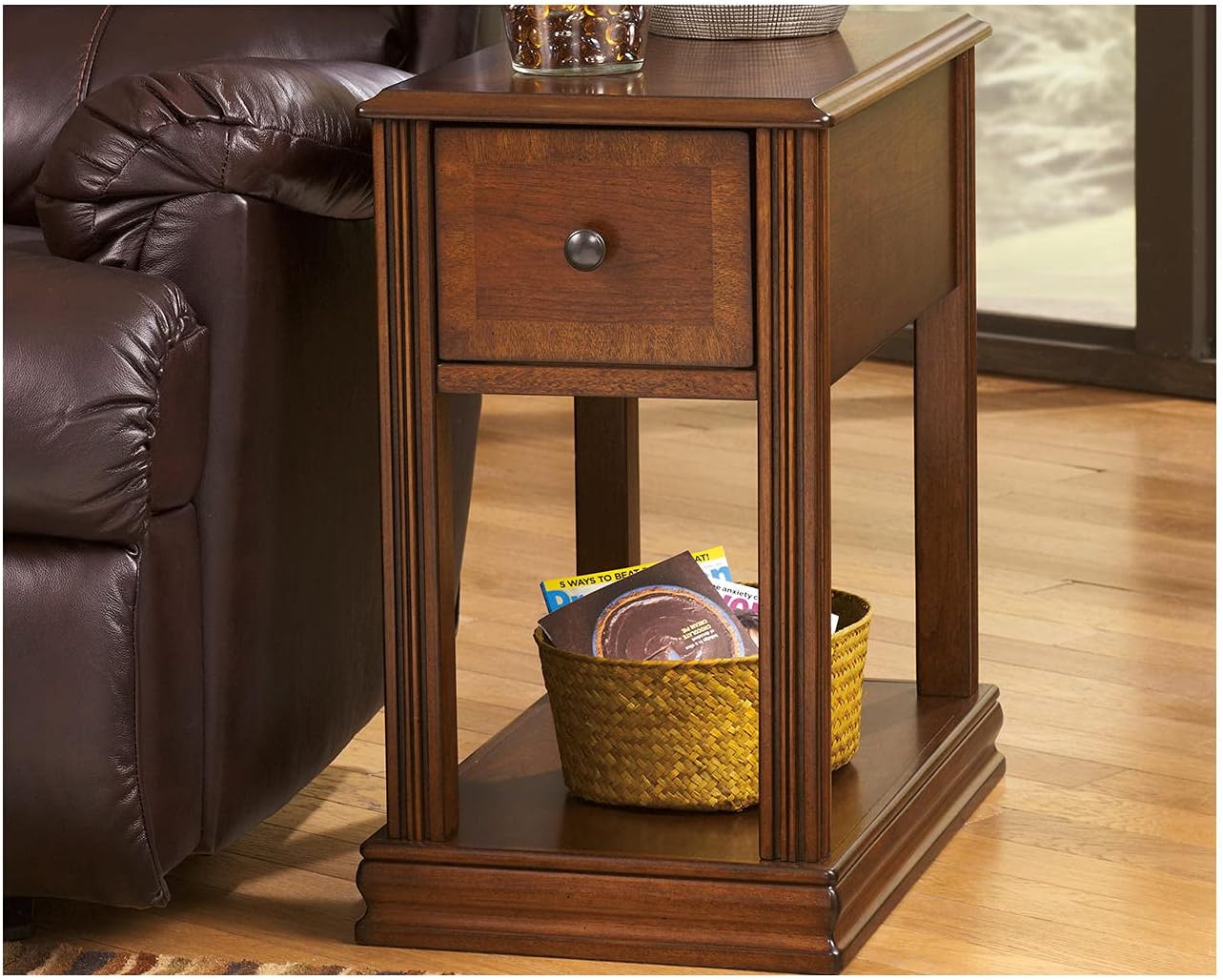 Signature Design by Ashley Breegin Chair Side End Table, 1 Drawer, 1 Fixed Shelf, Veneers, Wood, 13.13" W x 22.13" D x 23" H, Brown