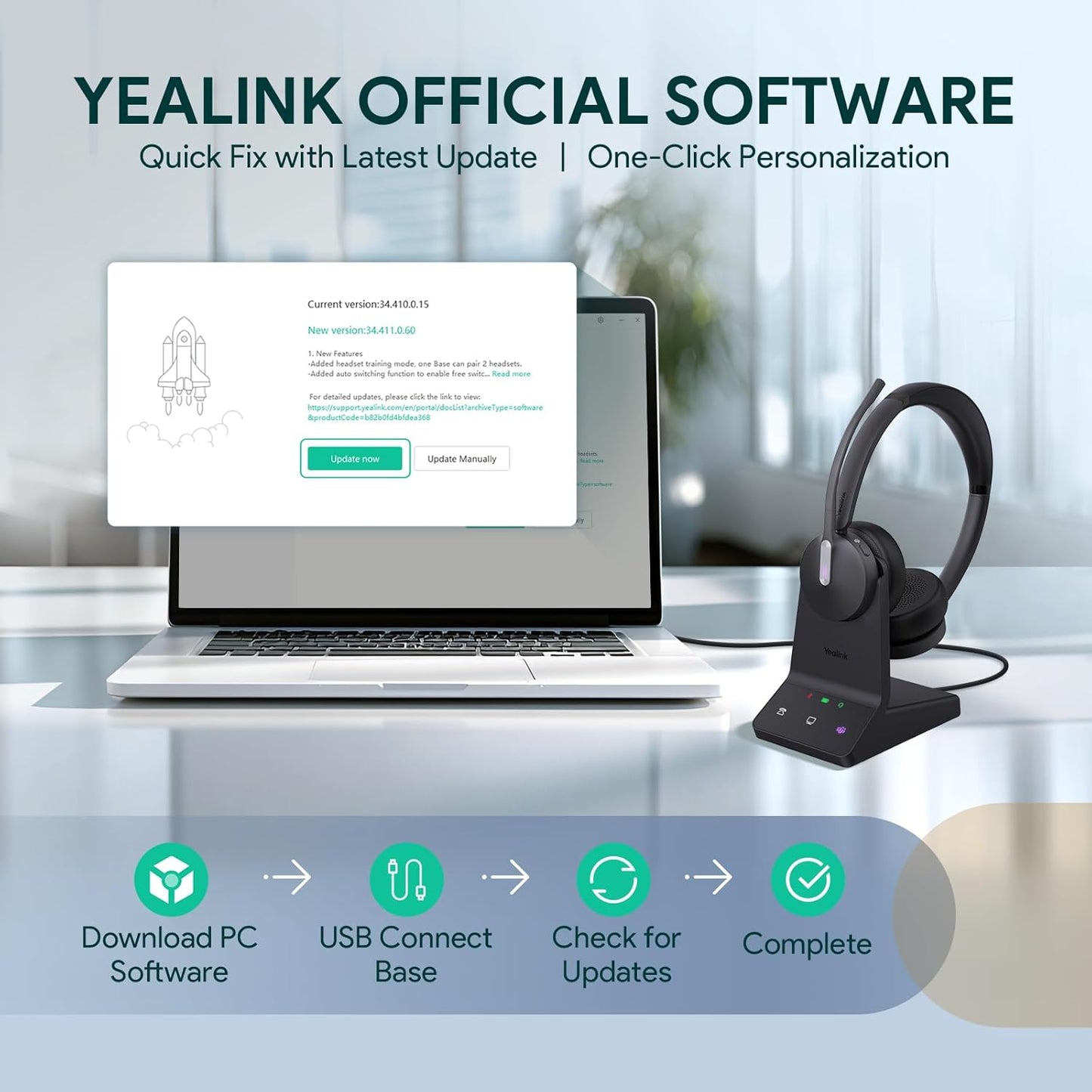 Yealink WH64 DECT & Bluetooth Wireless Mono Headset, 606ft Long Range Work Headphones, 3X Noise Cancelling Mic, 26H Calls, Office Single On Ear Headsets (Desk Phone,PC,Cellphone) for Teams Zoom UC