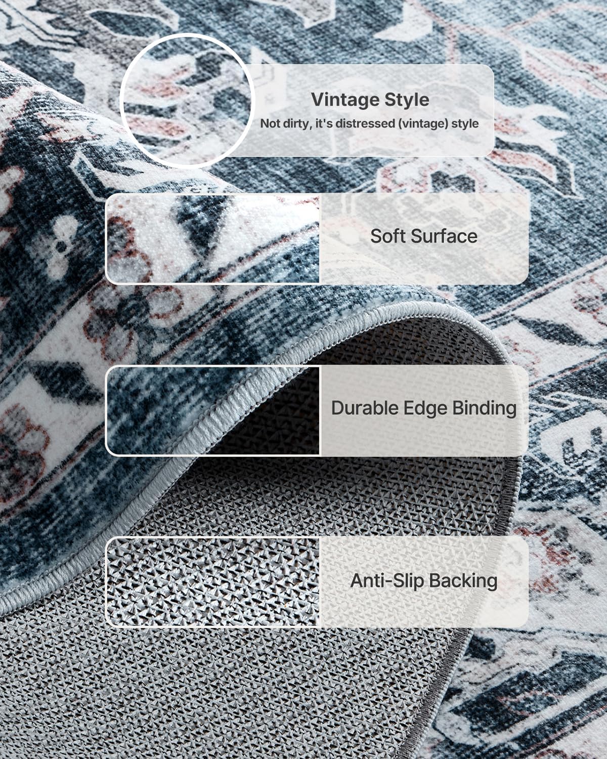 AMADA HOMEFURNISHING 9x12 Washable Area Rug, Low-Profile Large Area Rug with Non-Slip Backing & Durable Edge Binding, Vintage Large Rugs for Living Room, Bedroom & Dinning Room