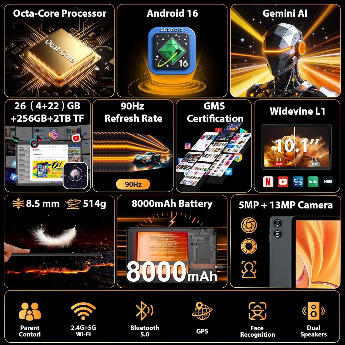 2026 Android Tablet with Keyboard, Upgraded Android 16 tablet with 26GB+256GB+2TB Expand, 10 inch Tablet PC with 8-Core, Gemini AI, WiFi, 8000mAh, GMS,GPS, 2-in-1 Tablet with Case,Mouse,Stylus(Silver)