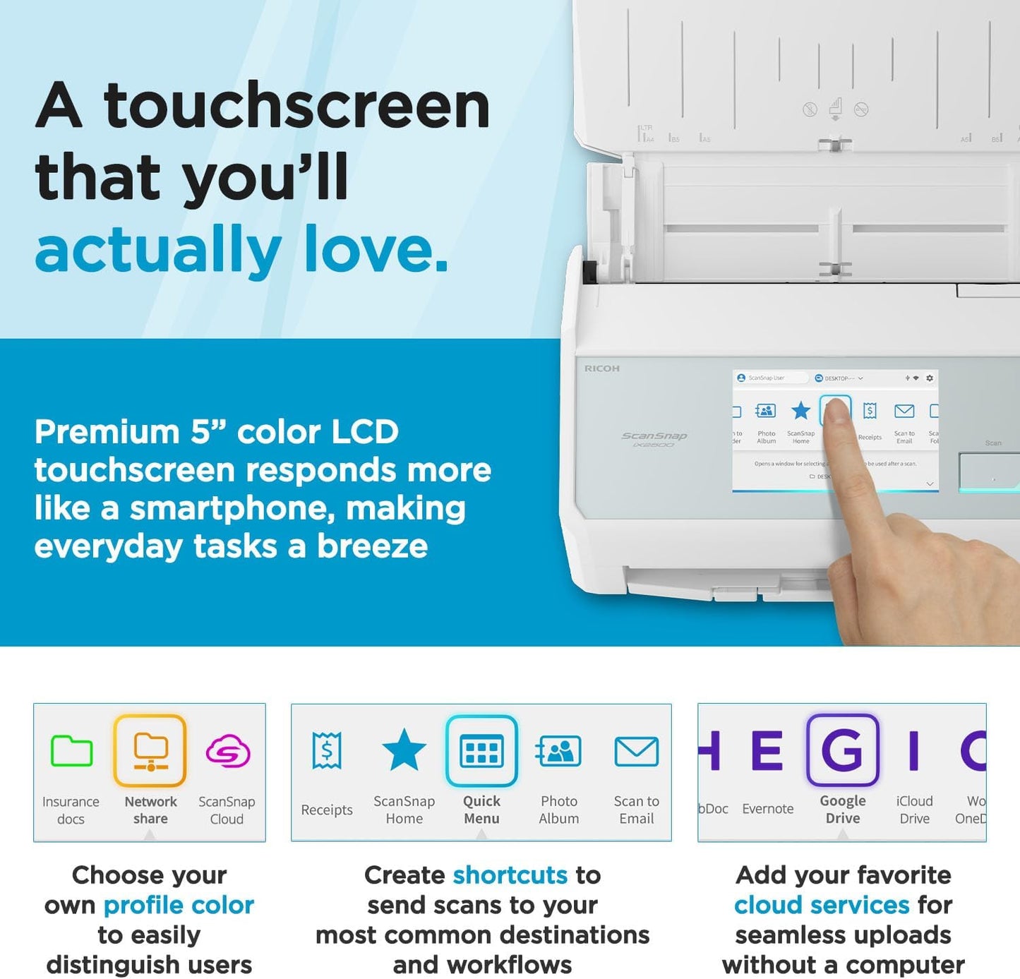 ScanSnap iX2500 Wireless or USB High-Speed Cloud Enabled Document, Photo & Receipt Scanner with Large 5" Touchscreen and 100 Page Auto Document Feeder for Mac or PC, White