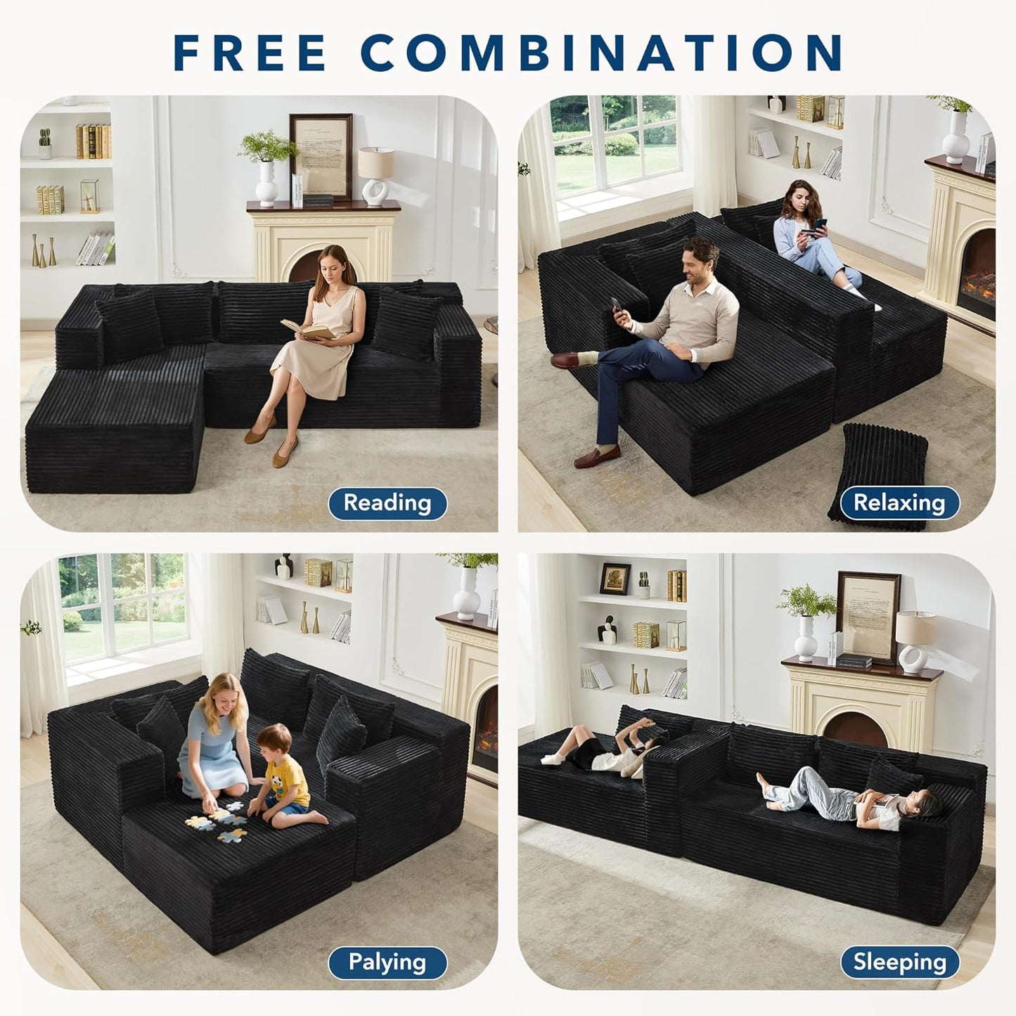 Boneless Couch, 106" Left Corduroy Cloud Couch Sectional .Vacuum Compressed Couch, L-Shaped Modular Sectional Couch with Chaise Lounge, Boneless Couch for Living Room, Comfy Compact Sofa Set