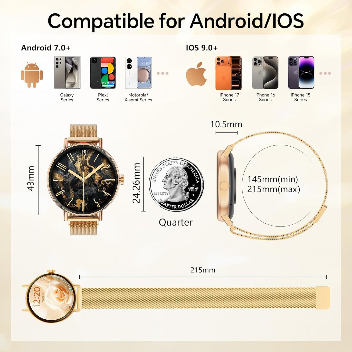 Yoever Smart Watches for Women, 1.57" HD 43mm Fitness Tracker Answer/Make Call, Heart Rate/Sleep/SpO2, Round Smart Watch for iPhone/Samsung/Android, IP68 Waterproof, 110+ Sport Mode - Gold
