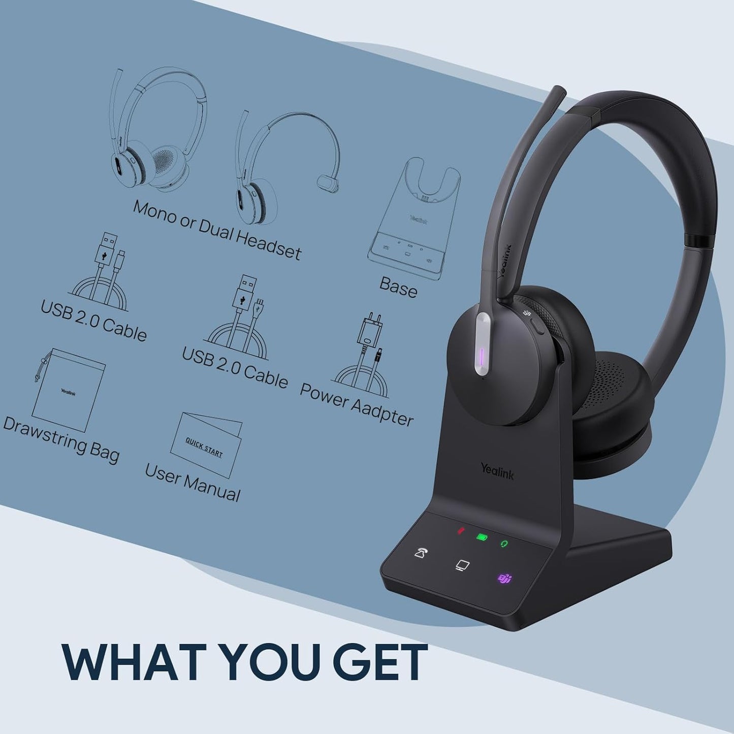 Yealink WH64 Teams Mono DECT & Bluetooth Wireless Headset, 606ft Range Microsoft Certified, Single On Ear Headphone with 3X Noise Cancelling Mic, 26H Talk Time, Office Desk IP Phone, PC, Computer