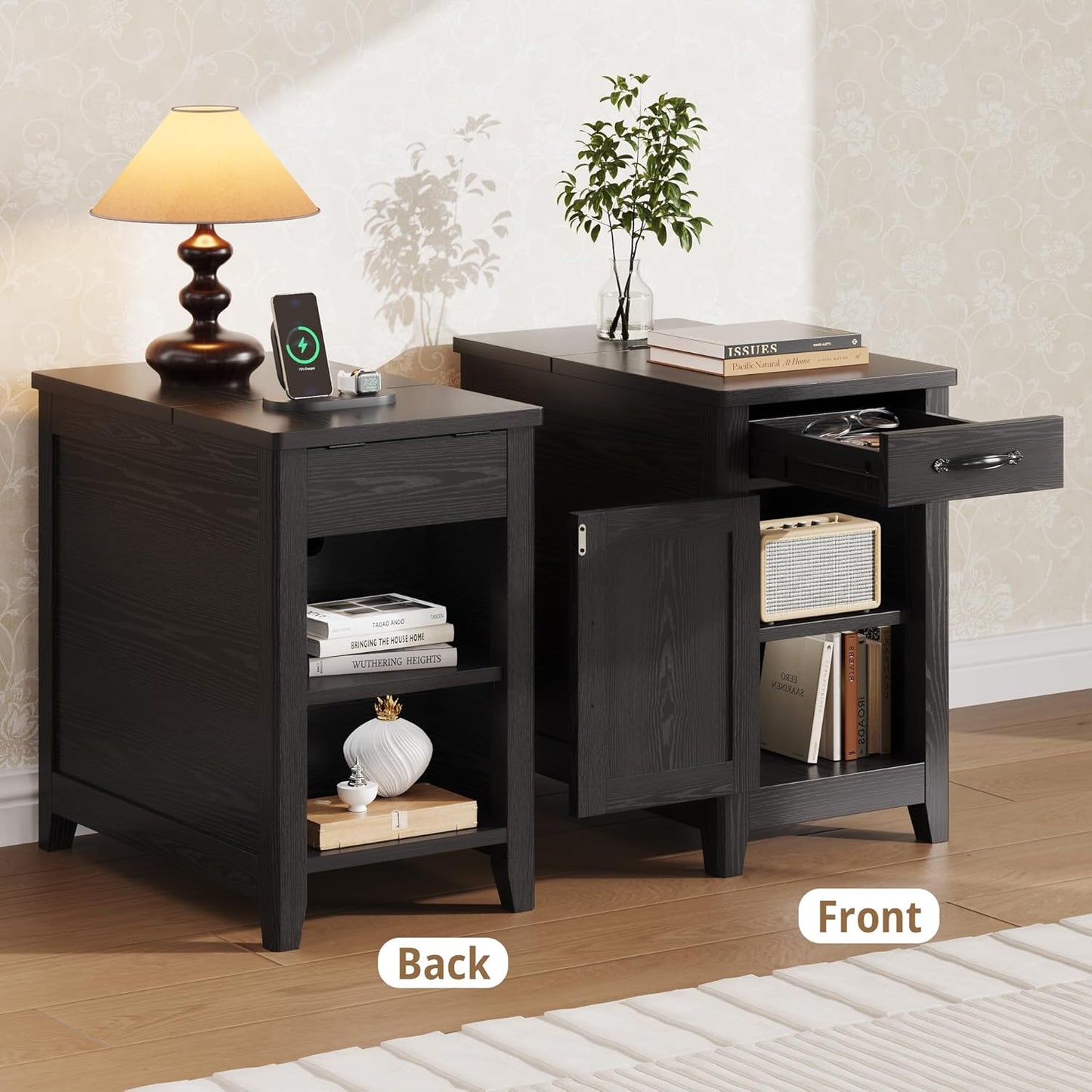 IRONCK End Table with Charging Station, Narrow Side Table for Living Room, Night Stand Set of 2 with Drawer and Cup Holder, Farmhouse Bedside Table with USB Ports and Outlets for Home, Black