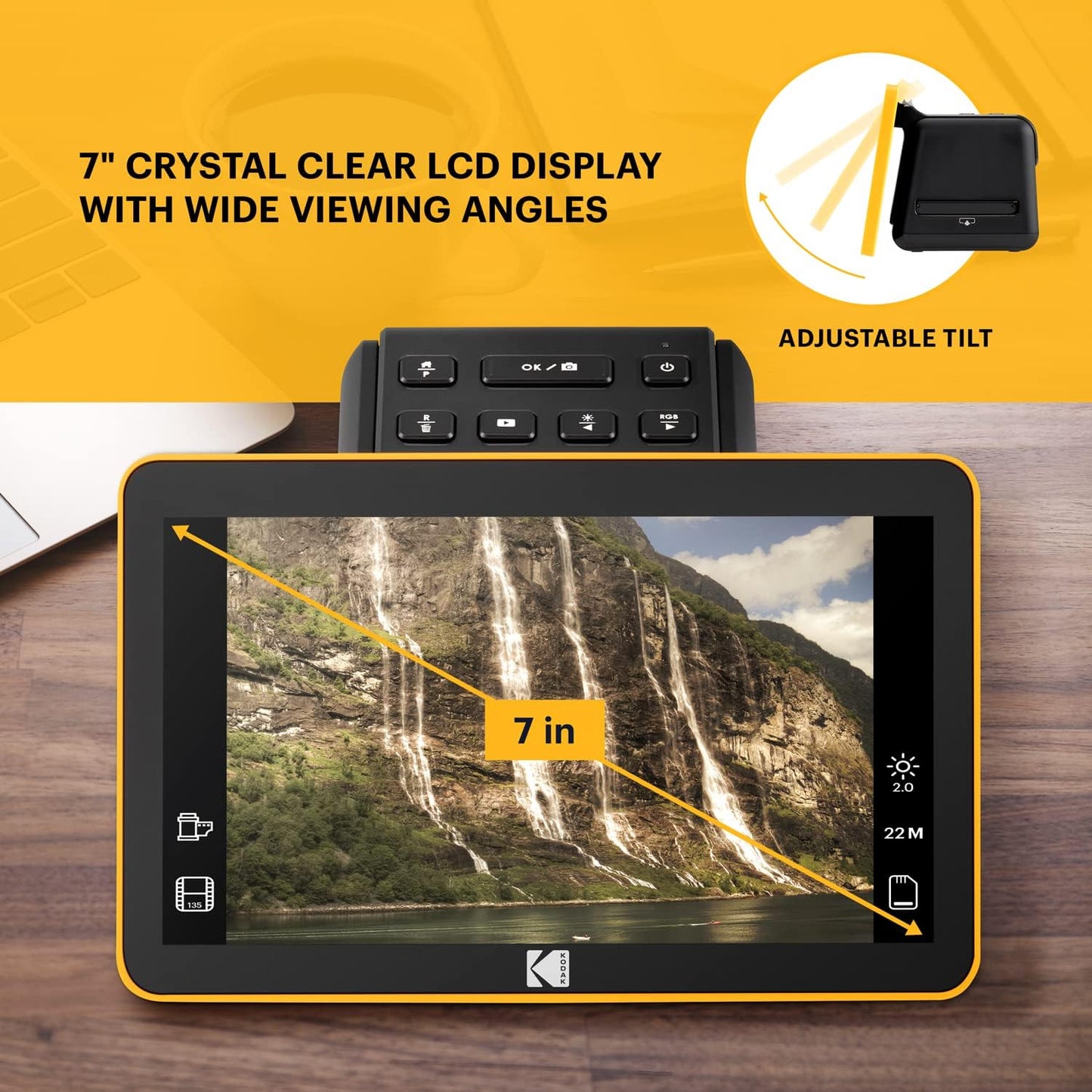 KODAK Slide N Scan Max Digital Film Scanner - Black/Yellow - Tiltable 7-Inch LCD with Gallery Mode & Photo Scanner Preview - Quick-Feed Tray for Slide Digitizer