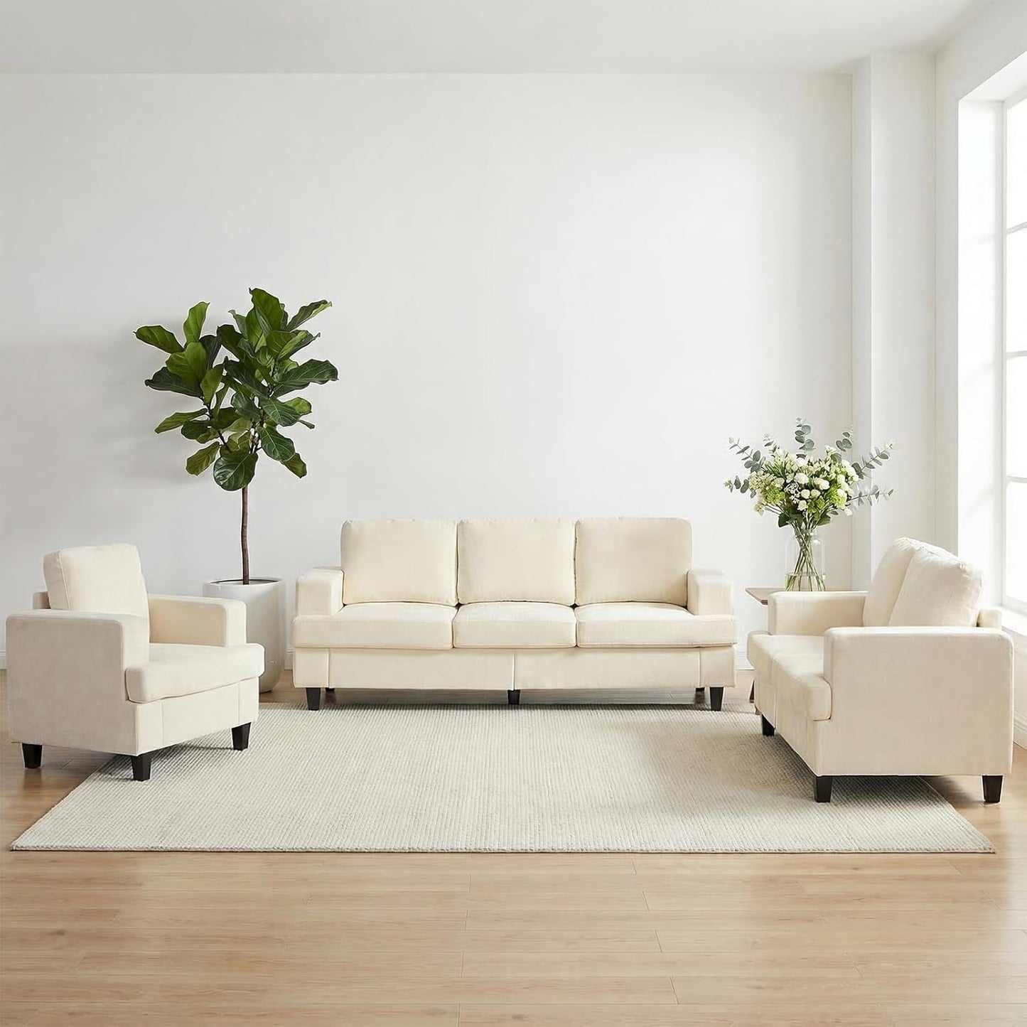 ijuicy 6 Seat Chenille Sectional Sofa Set for Living Room Furniture Set,3 PCS Modern Couch Set,82" Width 3 Seat Couch & Loveseat & Armchair with Solid Wood Legs and Thick Cushion(3+2+1Seat/Beige)