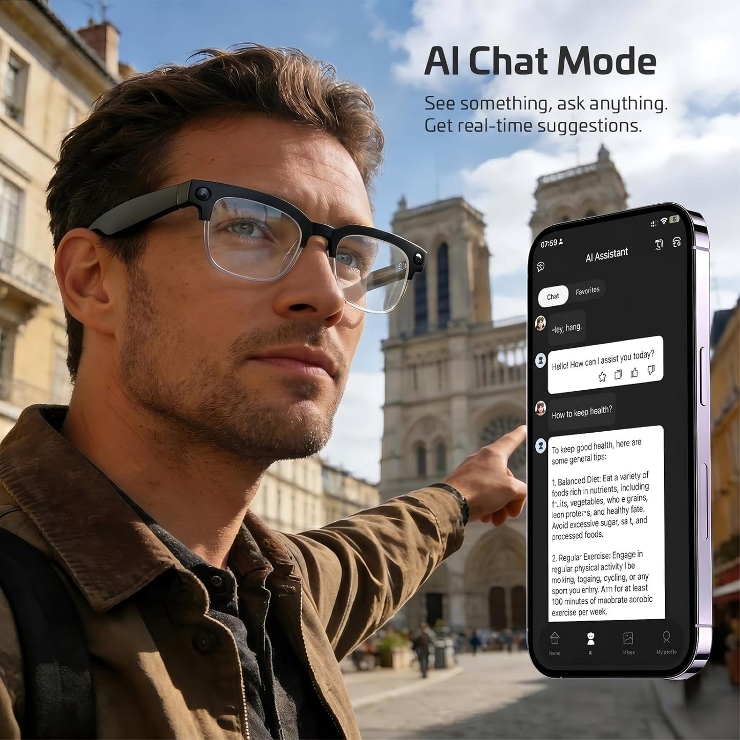 AI Smart Glasses with Camera,8MP 4K HD Camera Glasses,Supports AI Voice Control/Photo/Video/Audio Recording,Bluetooth Glasses with 133 Translations,IP67 Waterproof for Business,Outdoor,Men & Women