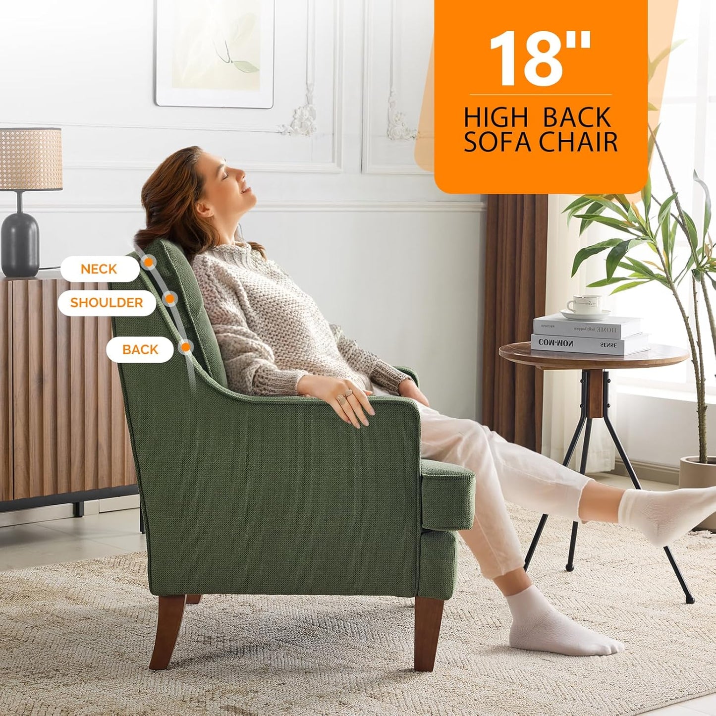 VINGLI Mid-Century Modern Accent Chairs Set of 2, Green Upholstered Armchair Comfy Sofa Chairs Reading Chair High Back for Living Room Bedroom Furniture Apartment