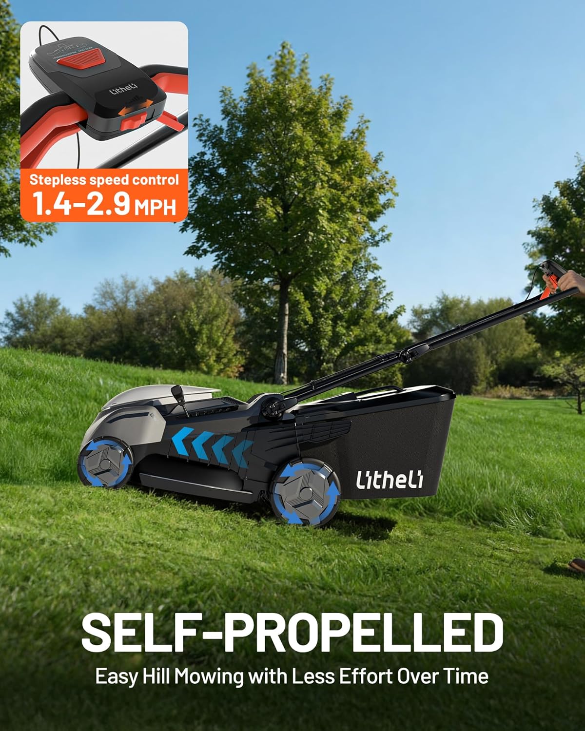 Litheli 18" 40V Self-Propelled (Push) Lawn Mower, 2 x 5.0Ah Batteries Cordless Lawn Mower, Brushless Motor, 2-in-1 Mulching & Bagging, Electric Mower for Small to Medium Yards
