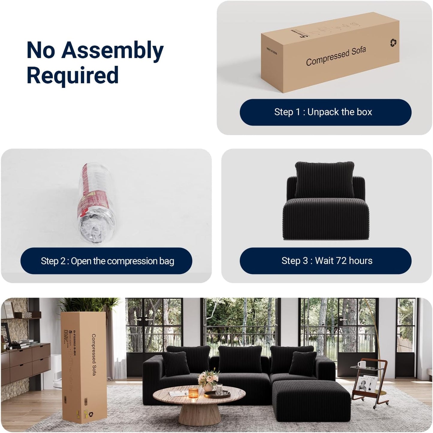 Avenco 141” 6-Seat Modular Sectional Sofa Couch, Individually Wrapped Coil Support & Corduroy Fabric, Zero Assembly 6-Piece Set for Large Living Room, Black