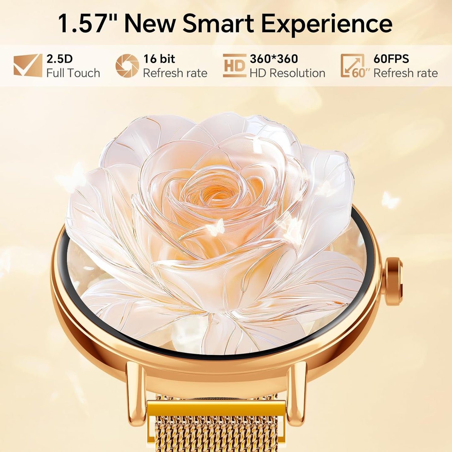 Yoever Smart Watches for Women, 1.57" HD 43mm Fitness Tracker Answer/Make Call, Heart Rate/Sleep/SpO2, Round Smart Watch for iPhone/Samsung/Android, IP68 Waterproof, 110+ Sport Mode - Gold