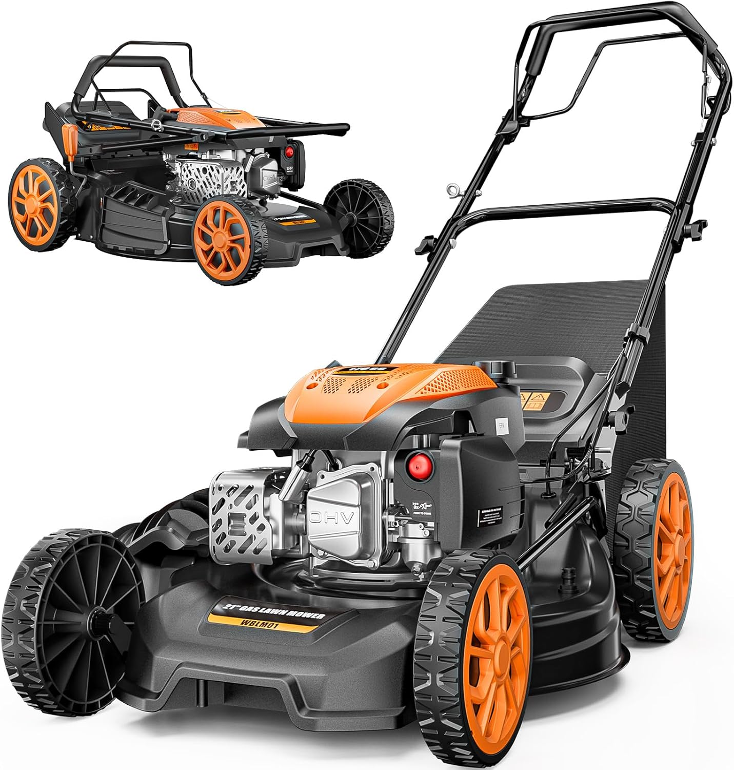 21” Self-Propelled Lawn Mower Gas, 170CC 4-in-1 Mulch/Rear Bag/Side Discharge/Rear Discharge, Walk-Behind Gas Lawnmower with 7-Position Cutting Height, Foldable Gas Powered Lawn Mowers for Yard Garden