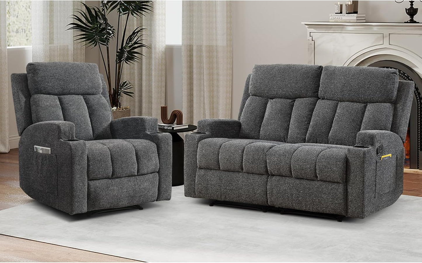 CANMOV Manual Recliner Sofa Set, Fabric Recliner Living Room Furniture Sets, 1 Seat Reclining Chair and a Loveseat Furniture Set with Side Pockets and Cup Holders, Dark Grey