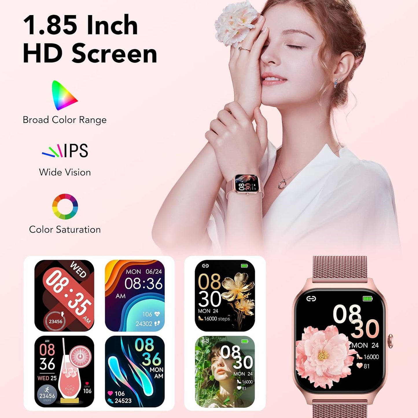 CASCHO Smart Watch for Women (2 Bands), Bluetooth Call Smartwatch with AI Voice,1.85" HD Fitness Watch,Heart Rate/SpO2/Steps/Sleep Monitor,120+ Sports Modes,IP68 Waterproof Watch for Android iOS-Rose