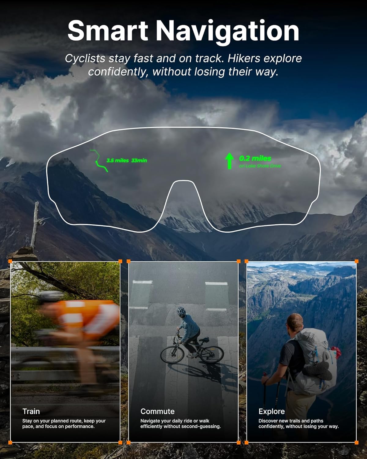HUD Display Sports Glasses, for Cycling and Hiking, Real-Time Display, Smart Navigation, Proactive AI Alerts