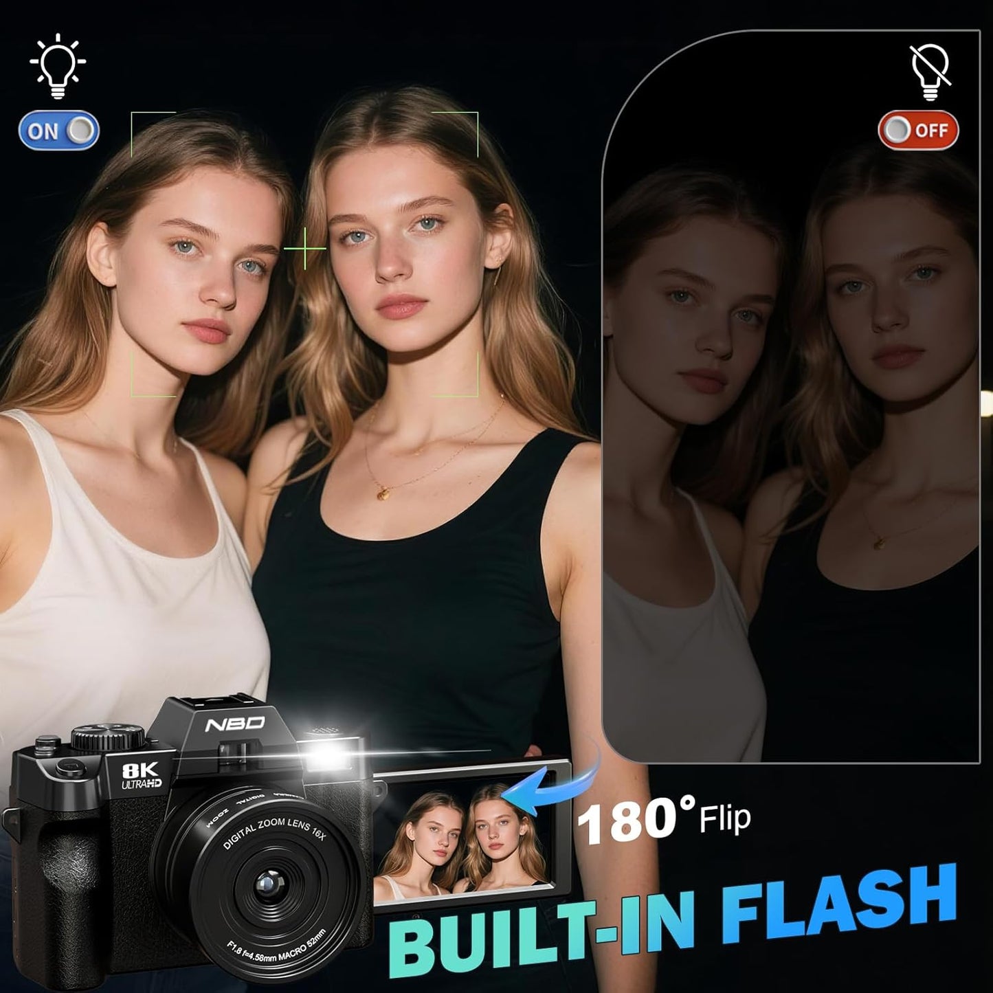True 8K Digital Cameras for Photography 64MP - WiFi, Wide-Angle & Macro Lens, 16X Zoom Autofocus, 3" 180° Flip Screen, 64GB Card, Vlogging Camera for YouTube Travel(Black)