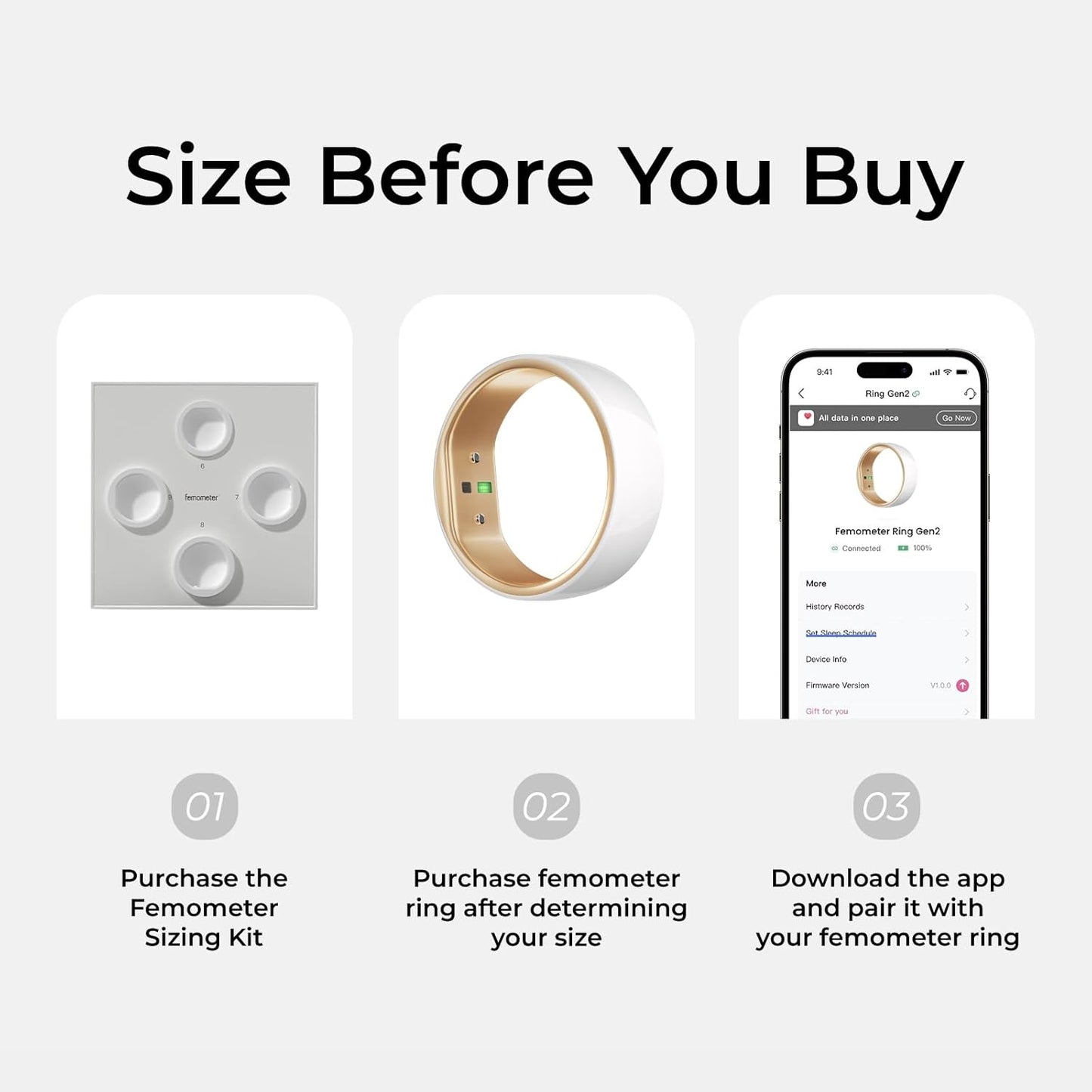 femometer Smart Ring Gen2 Ceramic | Sleep, Heart Rate & Cycle Monitoring with Free Subscription | Women's Health & Fertility Tracker with BBT Technology | Size Before You Buy - Size 8