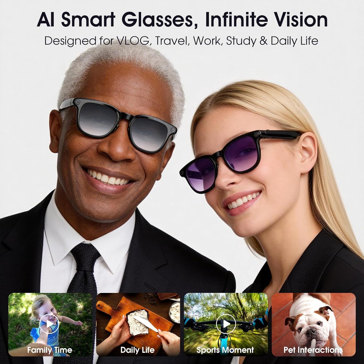 AI Smart Glasses with Camera, 8MP Camera Glasses for Life Vlog Travel Work, 4K Video Recording Sunglasses for Women Men, Real-Time Translation, Voice Assistant, Hands-Free Calls,Open-Ear Audio, 3 Lens