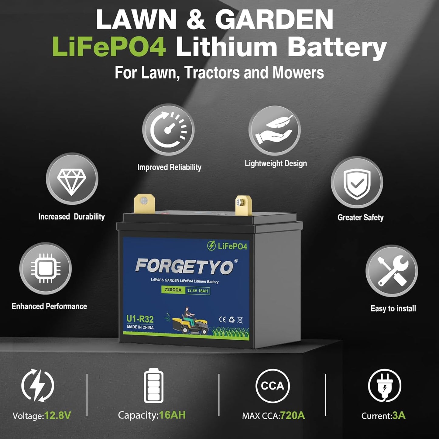 U1 Riding Lawn Mower Battery, 12V 16Ah 720CCA Lithium LiFePO4 Garden Tractor Starting Battery, Compatible with John Deere,Cub Cadet,Craftsman,Troy-Bilt Mower, and Generator
