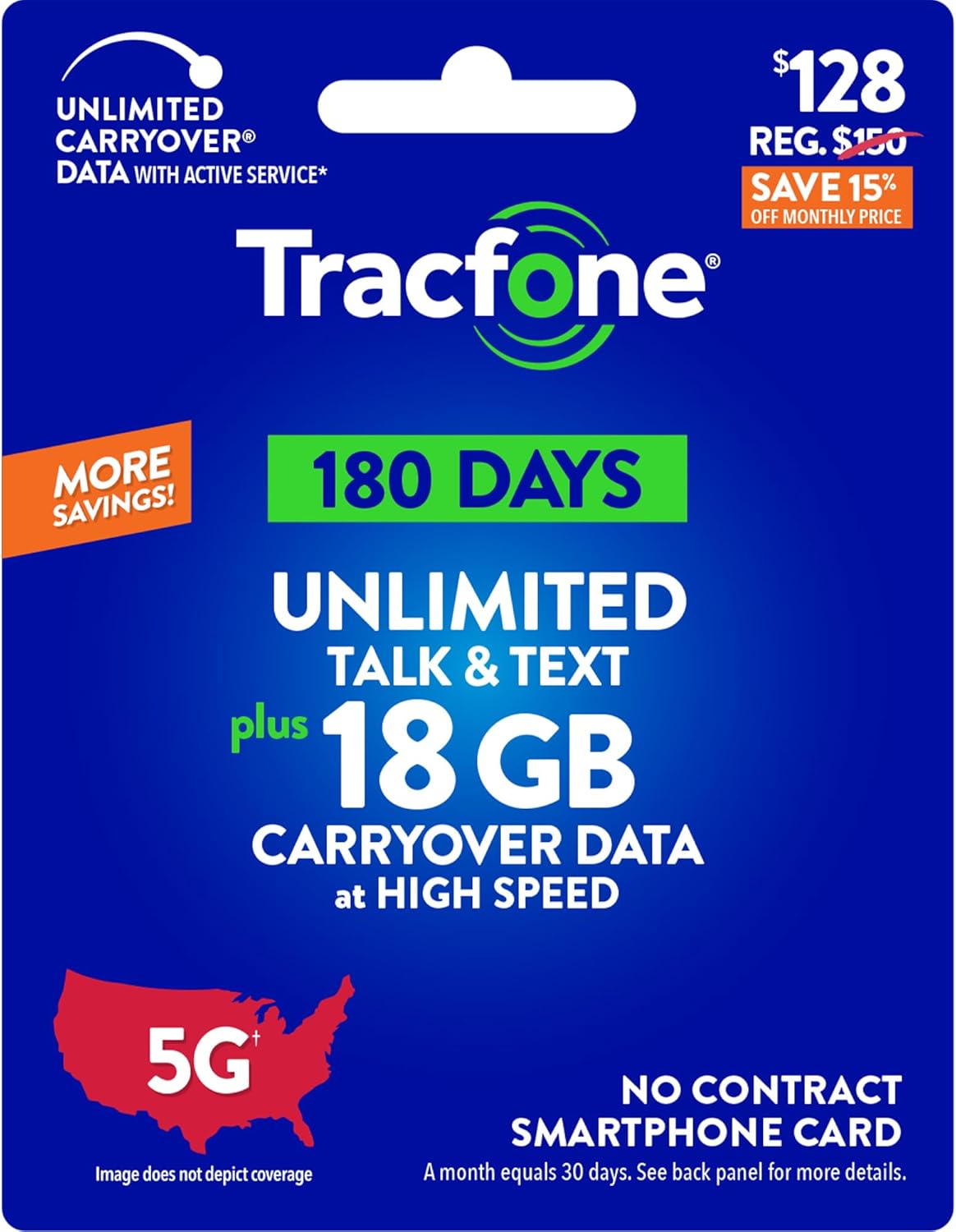 Tracfone $128 Unlimited Talk & Text Plus 18 GB of Data 180-Day Prepaid Plan(Physical Delivery)