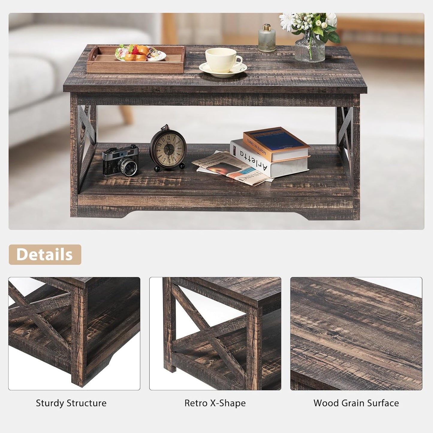 AMERLIFE 4-Piece Farmhouse Table Set Includes Sliding Barn Door TV Stand, Coffee Table& Two End Tables, Side Table with Charging Station and USB Ports, for Living Room, Dark Oak, 66"