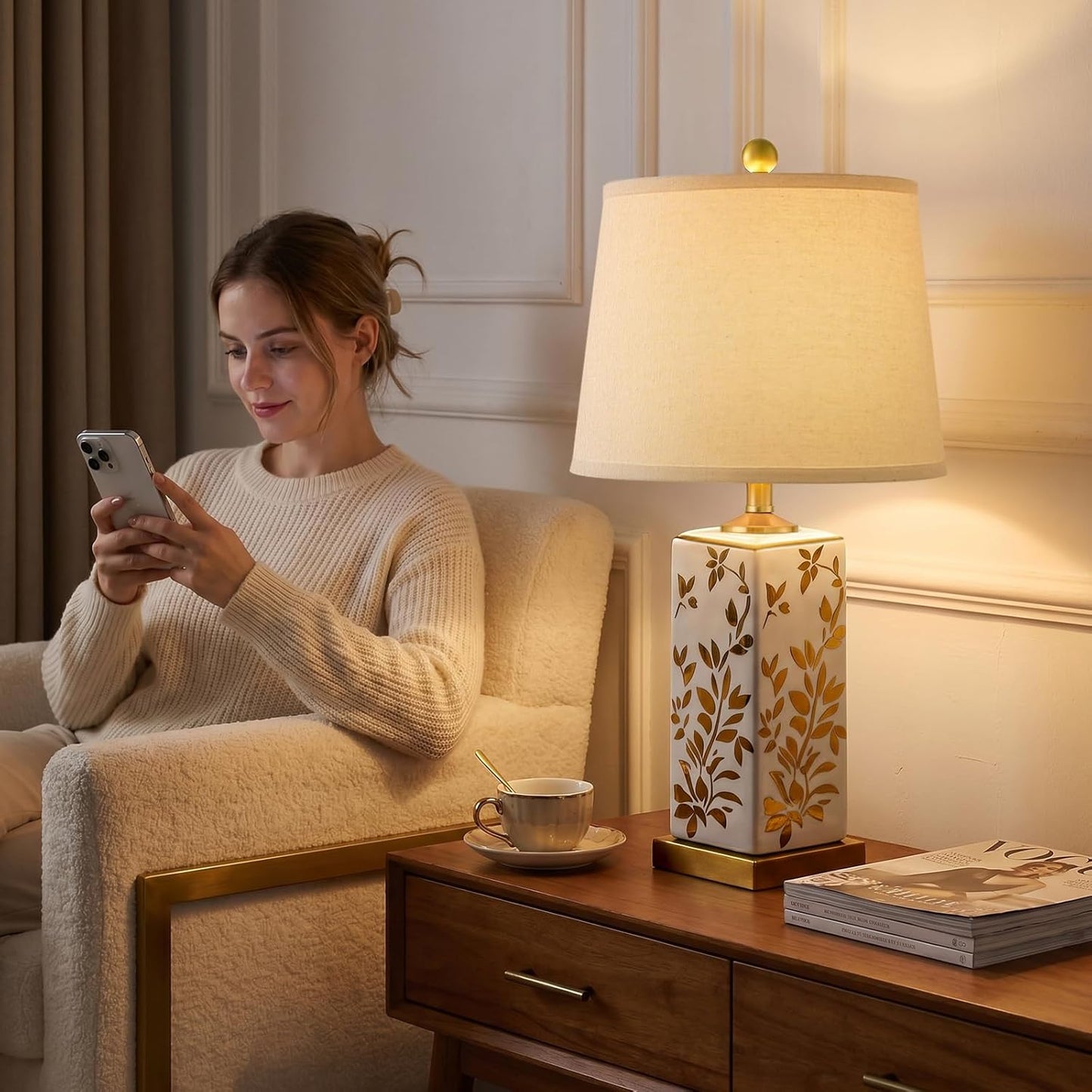 24.25" Mid Century Modern Lamp Set of 2, Vintage Farmhouse Chinoiserie Ceramic Table Lamps, Reflective Gold Leaf Pattern Bedside Lamps for Bedroom Living Room Nightstand, White & Gold