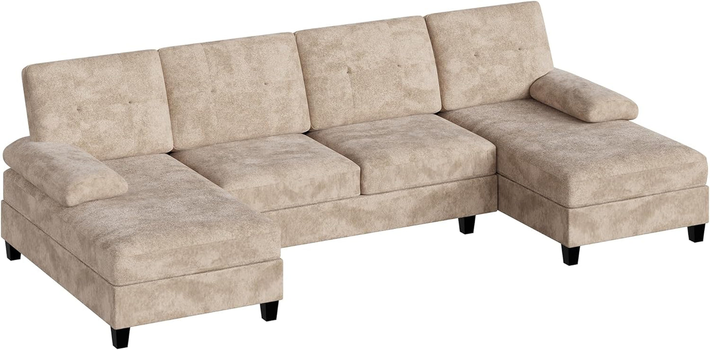 U-Shaped Sectional Couches for Living Room, 4 Seat Sofa with Double Chaise Lounges,Solid Wood Frame Sectional Sofa for Apartment,Beige