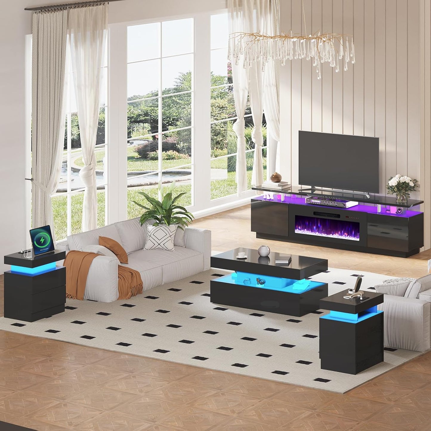 AMERLIFE 5 Piece Modern Living Room Table Set, Includes 80" Fireplace TV Stand, 2-Tier Coffee Table, 2 X Side Tables with Charging Station, LED Media Furniture, Black