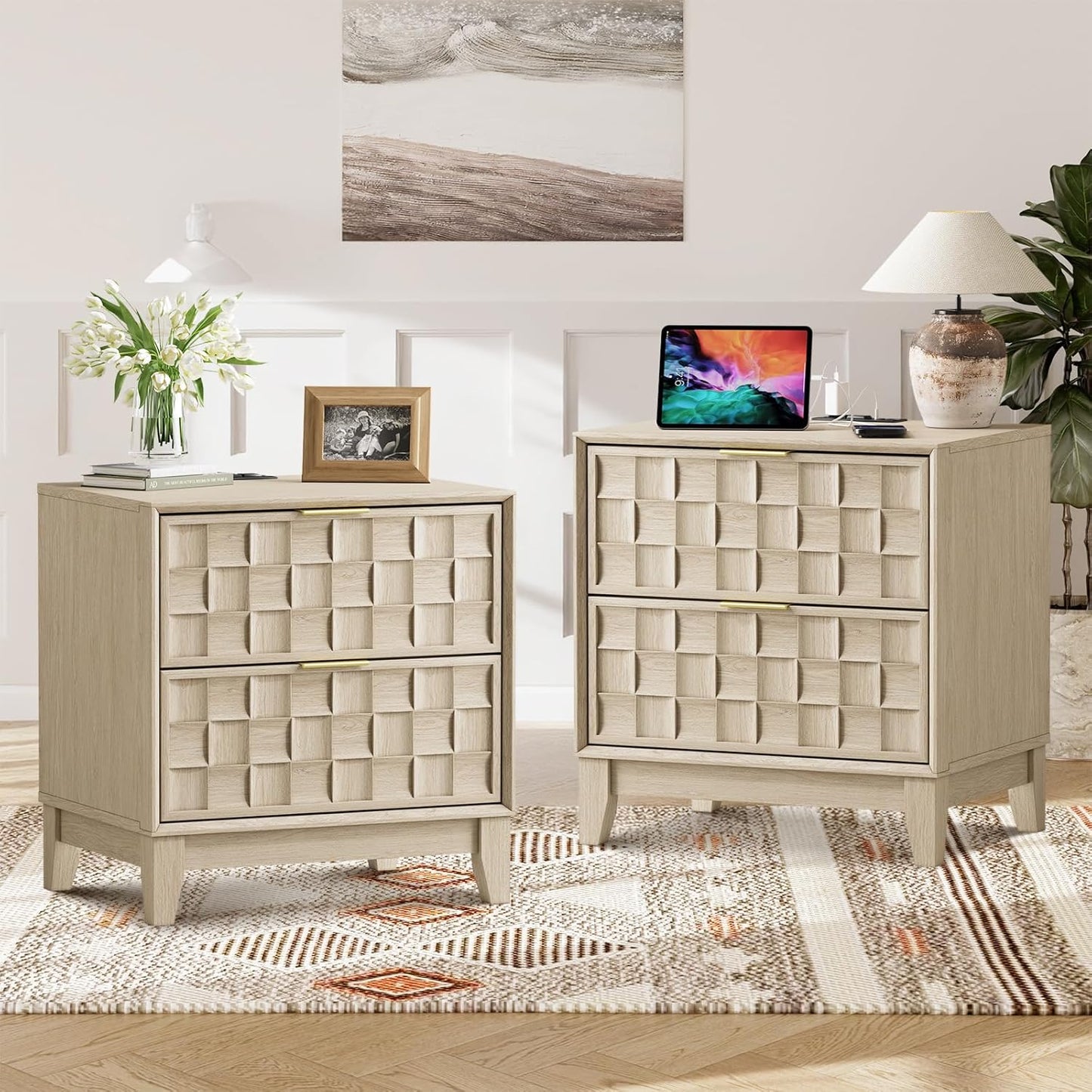 COLAMY Night Stand with Charging Station Set of 2, Modern Nightstand Bedside Table, Wooden 2 Drawers Dresser, with Chessboard Relief and Charger, for Bedroom, Living Room and Small Space - Oak