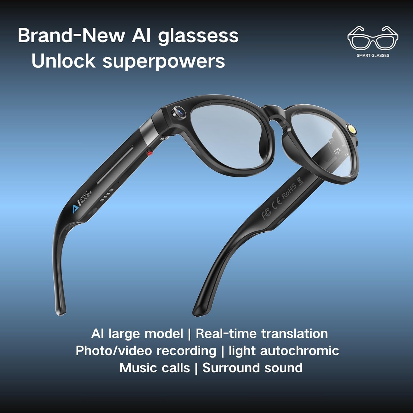 AI Smart Glasses with 8MP Camera, 1080P Video Recording Sunglasses with Audio, Real-Time Translation & Object Recognition, Bluetooth Smart Eyewear withVoice Assistant (Black)