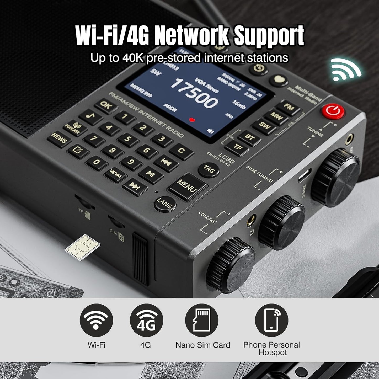 CHOYONG LC90 Wi-Fi/4G Internet Radio, Portable FM/LW/MW/SW Radio with Rechargeable 5000mAh Battery, 40K Radio Stations, BT Speaker, Alarm Clock, 15W Stereo Speakers, Support TF Card