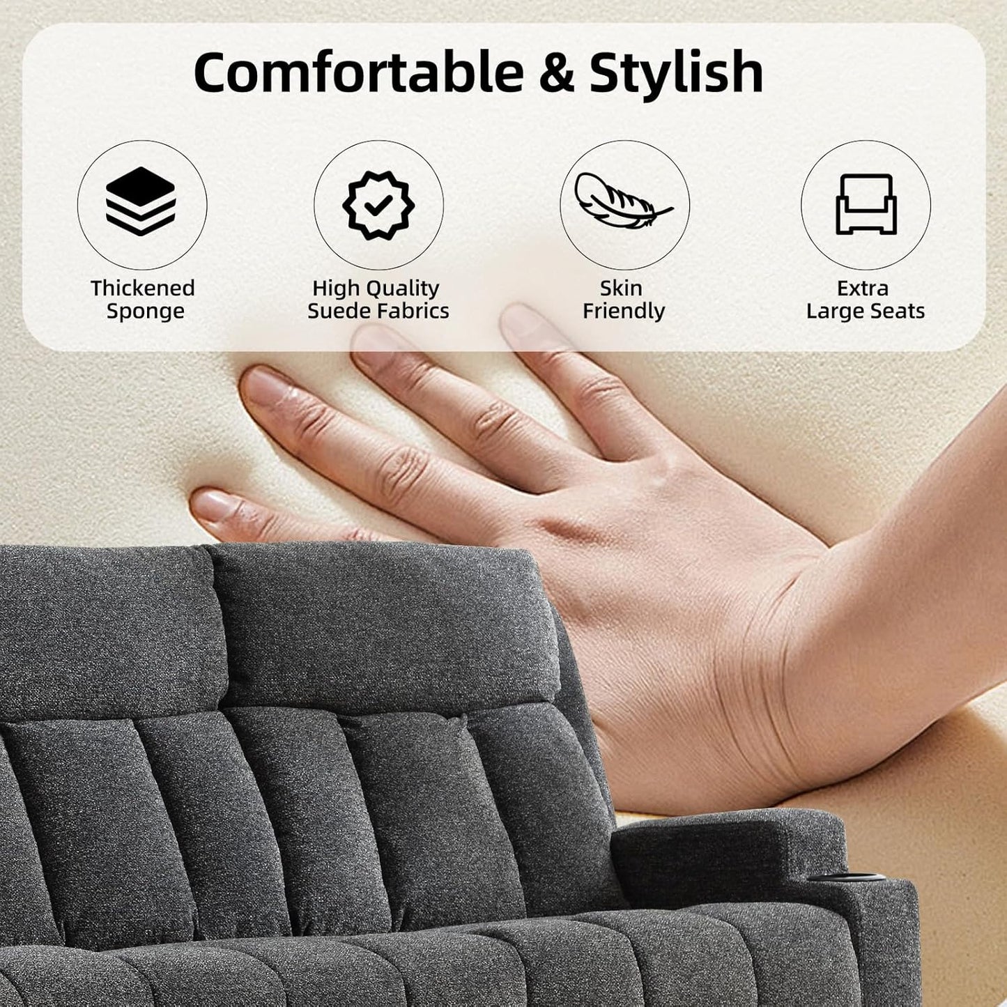 CANMOV Manual Recliner Sofa Set, Fabric Recliner Living Room Furniture Sets, 1 Seat Reclining Chair and a Loveseat Furniture Set with Side Pockets and Cup Holders, Dark Grey