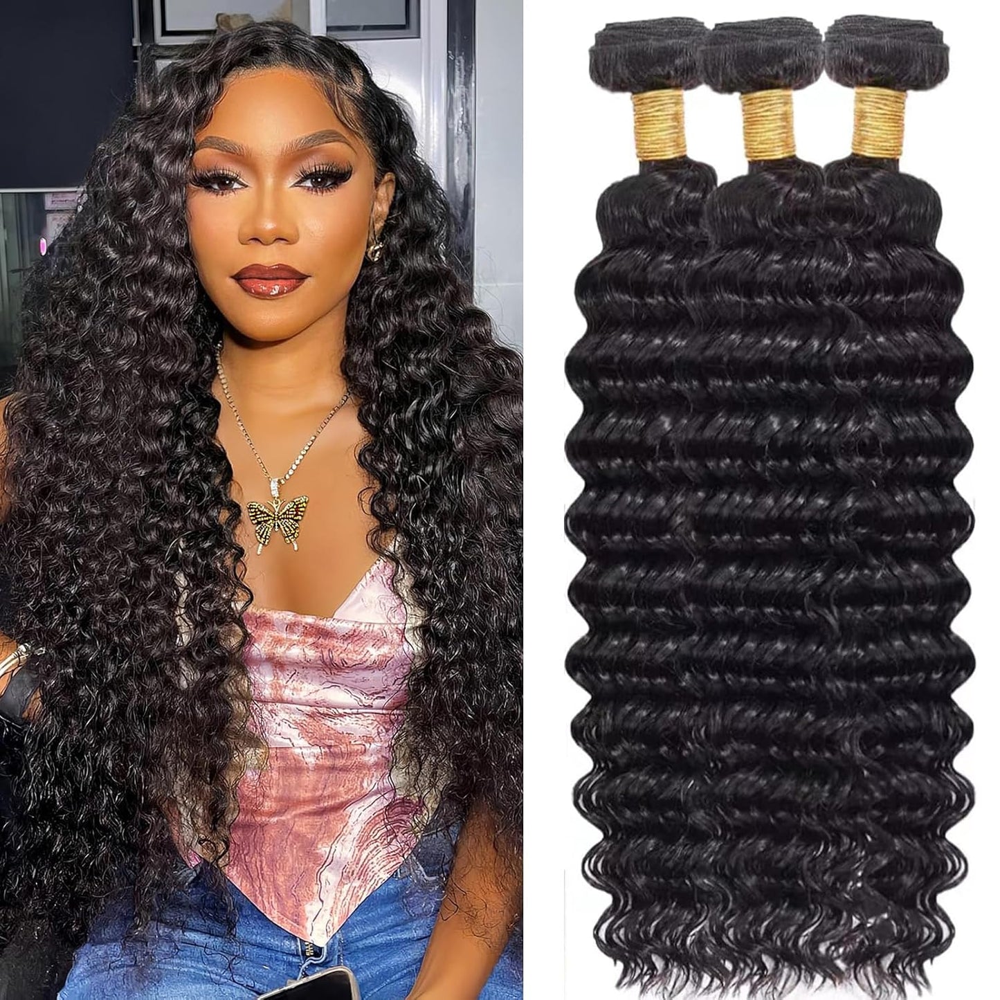 Deep Wave Human Hair Bundles, 22 24 26 Inch 13A Curly Bundles Human Hair, Wet and Wavy 100% Brazilian Virgin Quick Weave Deep Wave Bundle for Women, 300G