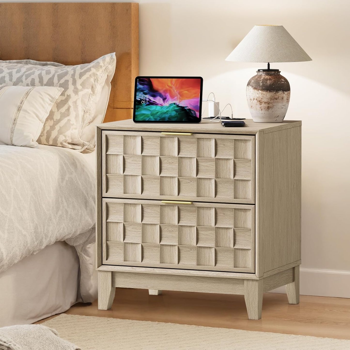 COLAMY Night Stand with Charging Station Set of 2, Modern Nightstand Bedside Table, Wooden 2 Drawers Dresser, with Chessboard Relief and Charger, for Bedroom, Living Room and Small Space - Oak