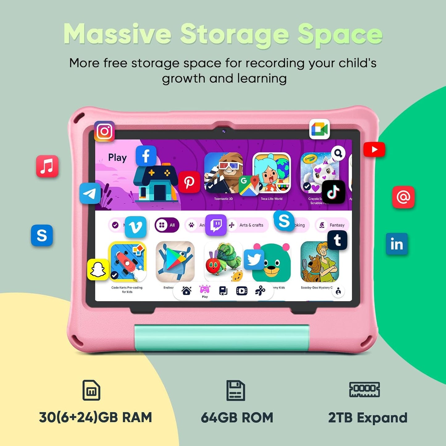 aiprotablet Kids Tablet, Android 16 Tablet for Kids 10 inch Octa-Core 2.2GHz with Case, 30GB RAM 64GB ROM, 2TB Expand, Parental Control, Dual Camera, BT, WiFi, with Keyboard Mouse Stylus, Gift (Pink)