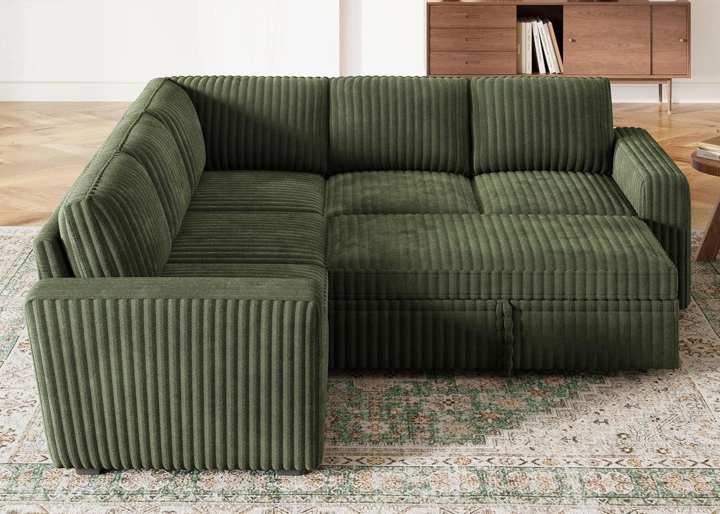 HONBAY Modular Sectional Sleeper Sofa with Pull Out Bed,Corduroy L Shaped Couch with Storage, Sectional Couches for Living Room,Green