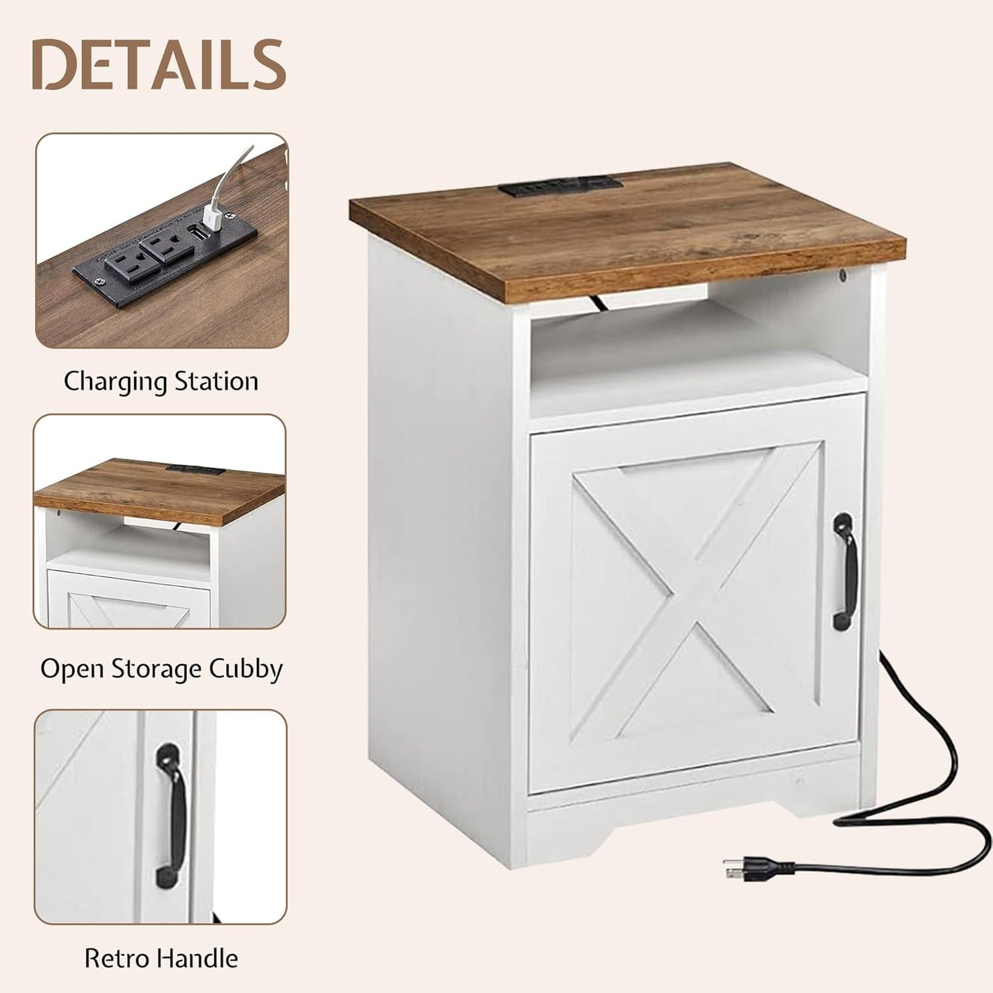 LUXOAK 3-Piece Farmhouse Living Room Table Sets, Includes 1 x Coffee Table, 2 x End Tables with Charging Station & USB Ports, Rustic Coffee Table Set of 3, Distressed White