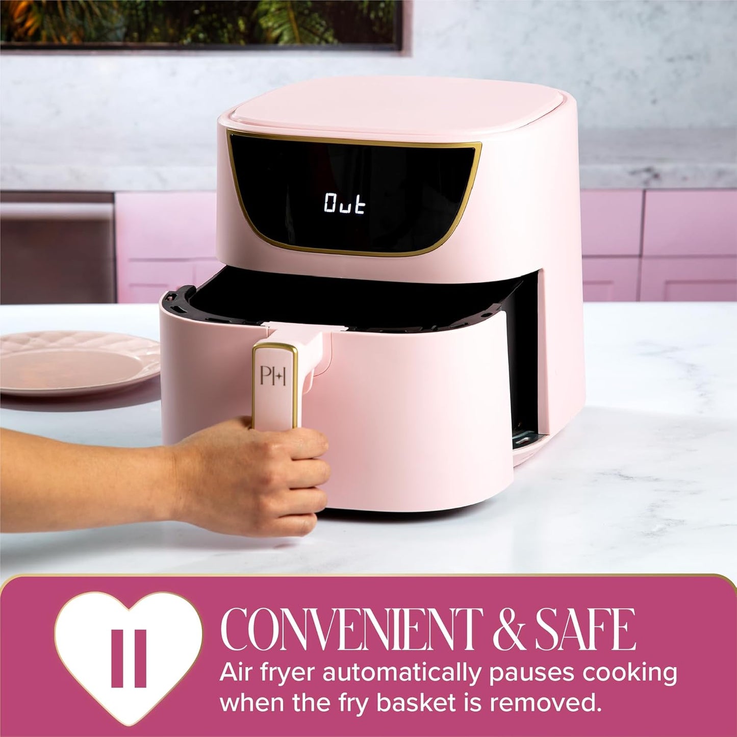 Paris Hilton 6-Quart Air Fryer, Nonstick Basket Made Without PFAS, Touchscreen, 8-in-1 (Fry, Roast, Broil, Bake, Reheat, Keep Warm, Pizza, Dehydrate), Dishwasher Safe Basket and Crisping Tray, Pink