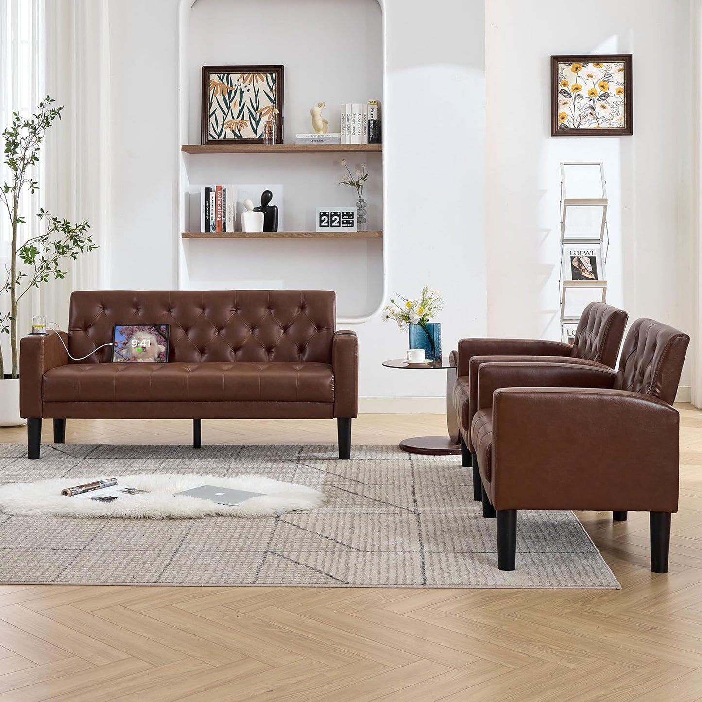 TYBOATLE 62" W Leather Loveseat w/Chairs, 3 Piece Sofa Sets for Living Room w/ 2 USB Charger Ports and 2 Cupholders, Living Room Furniture Sets of 3 (3, Brown)