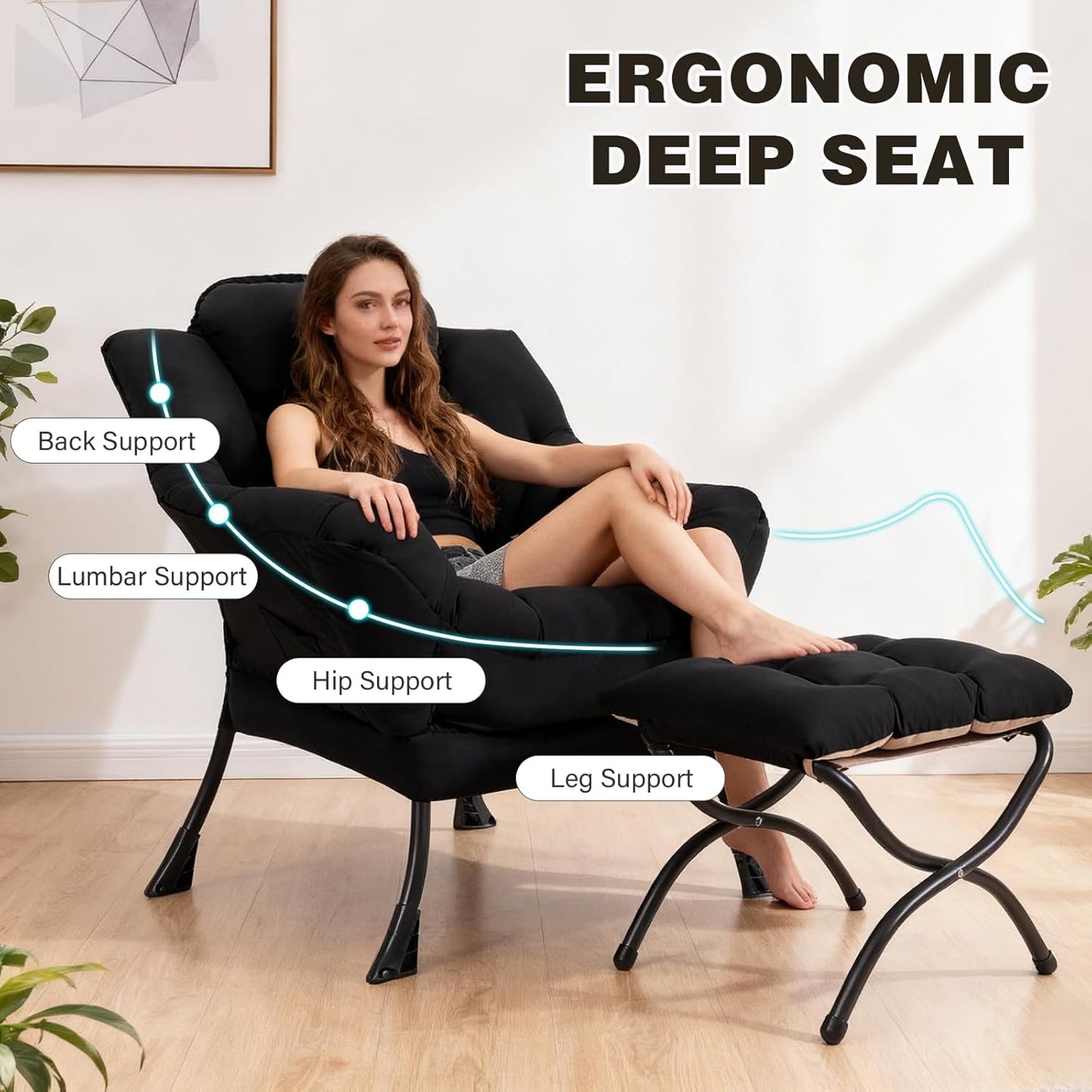 Lazy Chair with Ottoman, Modern Accent Chair Contemporary Lounge Leisure Sofa Chair with Armrests, Reading Chair and Folding Footstool Set for Living Room, Bedroom, Office, Black