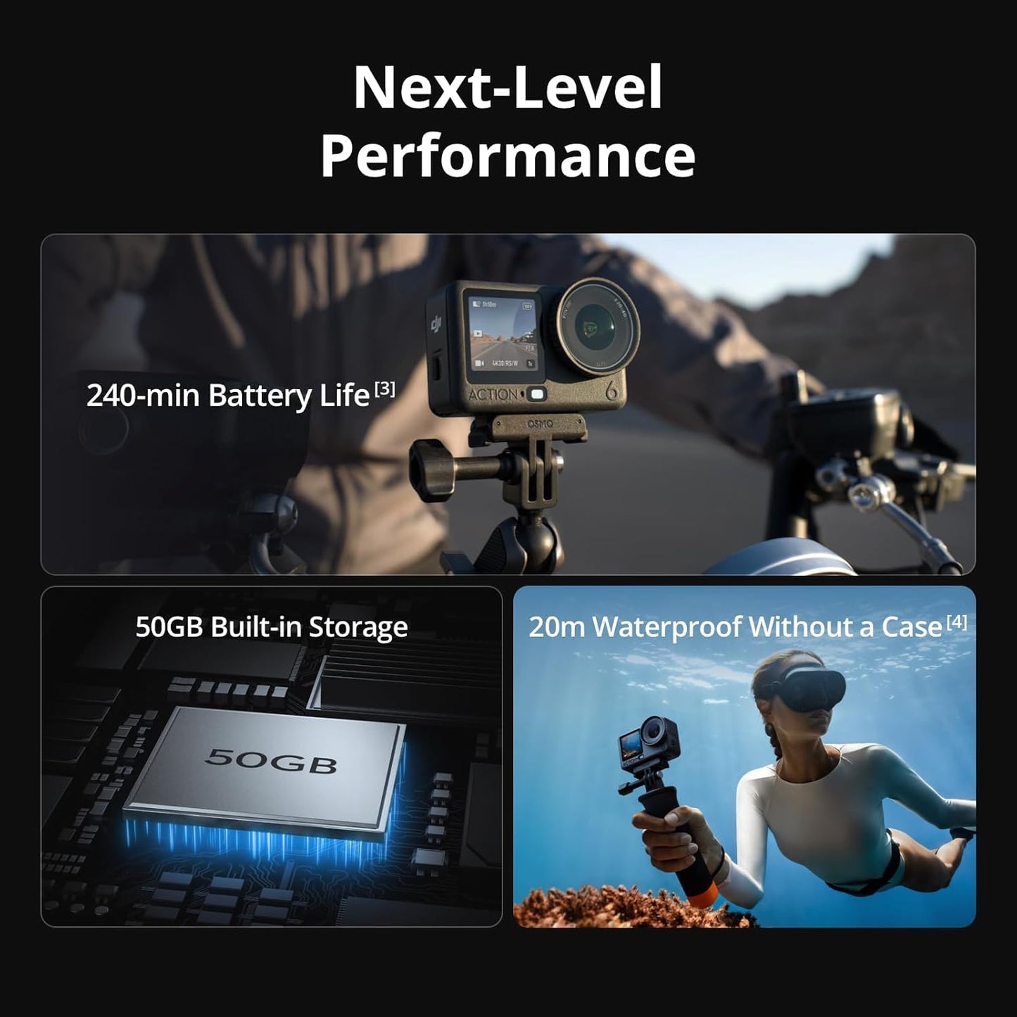 DJI Osmo Action 6 8K Waterproof Action Camera Bundle, 1/1.1" Square Sensor, 50GB Built-in Storage, Original Essential Combo + 58 Piece Accessory Kit + 2 Extra Batteries + Extra 64GB Card