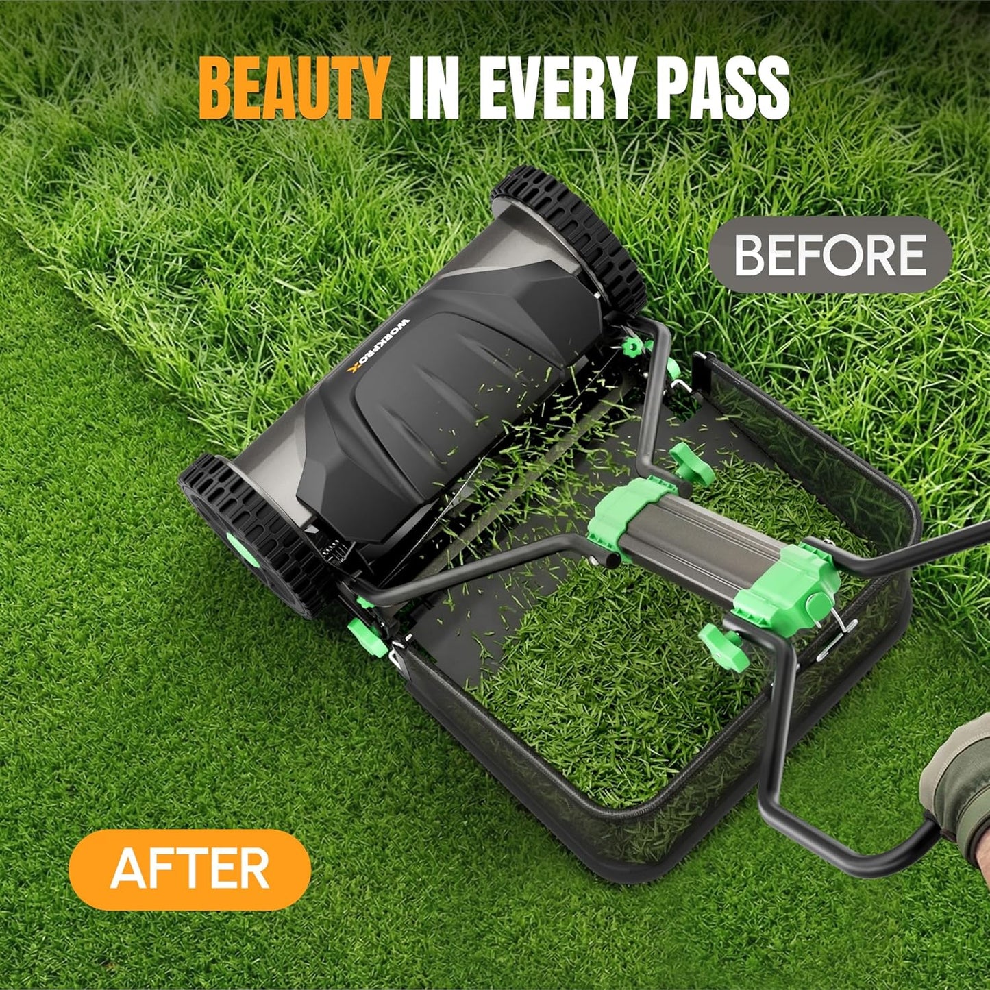 WORKPROX 16-Inch Push Reel Lawn Mower, Adjustable Height 5-Blade Reel Mower with Removable 8-Gallon Grass Catcher for Yards and Gardens, Black