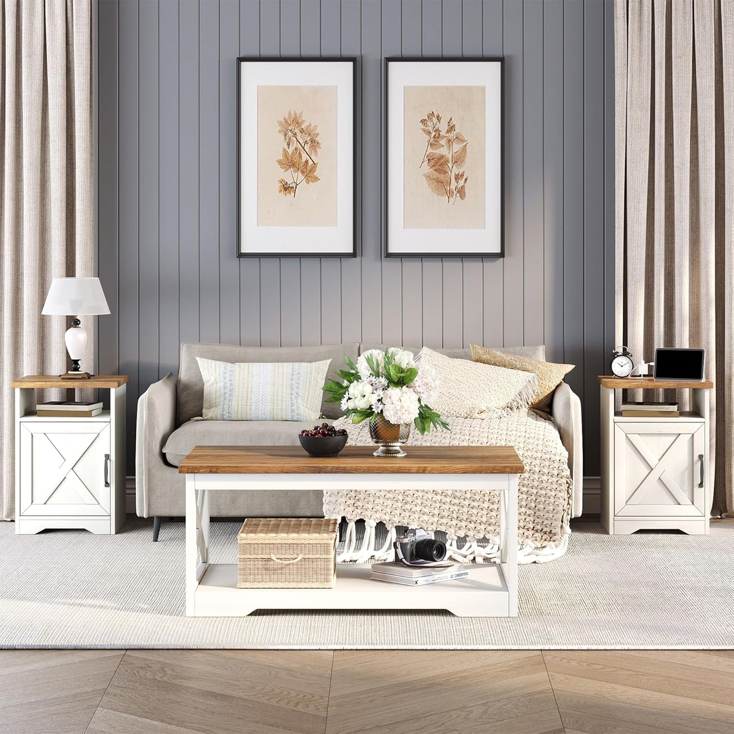 LUXOAK 3-Piece Farmhouse Living Room Table Sets, Includes 1 x Coffee Table, 2 x End Tables with Charging Station & USB Ports, Rustic Coffee Table Set of 3, Distressed White