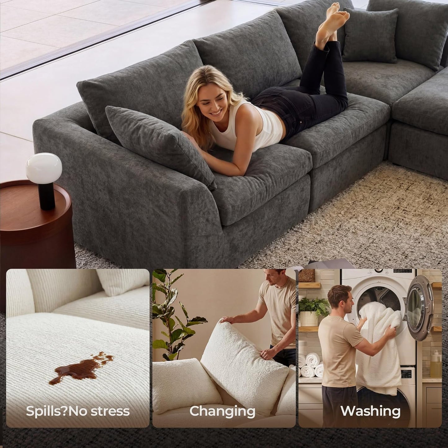 Amsleekey 108" Cloud Sectional Couches, with 1 Extra Washable Cover, L Shaped 25.6" Deep Seat Couch with Ottoman, Oversized Comfy Living Room Sofa, DIY Color Refresh (White Sofa + Gray Cover Set)