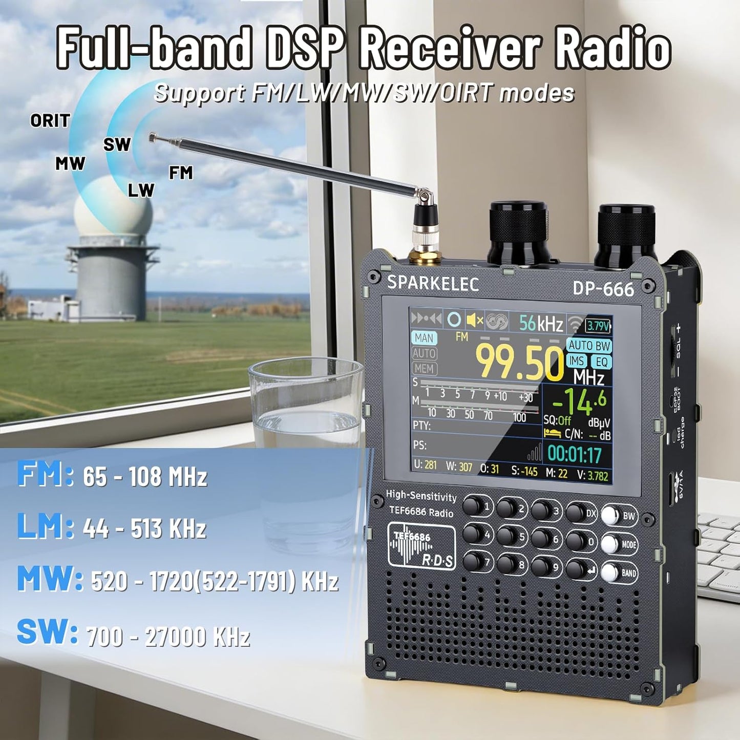 DP-666 TEF6686 Full Band Radio,AM LW/MW/SW/OIRT/FM High Sensitivity Shortwave Radios Receiver with RDS Data Shows,2.8-inch LCD Color Touch Screen,5000mAH Battery,Telescopic Antenna,Donut Antenna