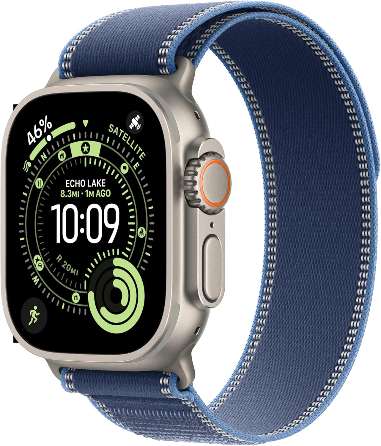 Apple Watch Ultra 3 GPS + Cellular 49mm Running & Multisport Smartwatch w/Rugged Titanium Case w/Blue/Bright Blue Trail Loop - M/L. Satellite Communications, Advanced Health & Fitness Tracking
