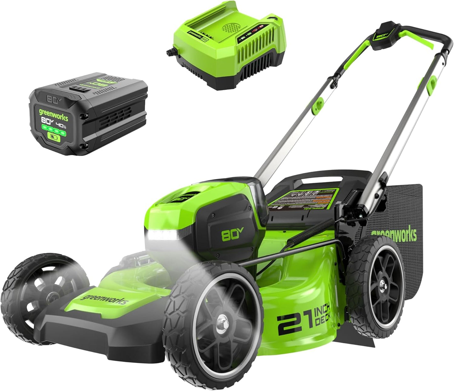 Greenworks 80V 21" Cordless Push Lawn Mower – Brushless Motor, LED Lights, 4.0Ah Battery & Rapid Charger (75+ Compatible Tools)