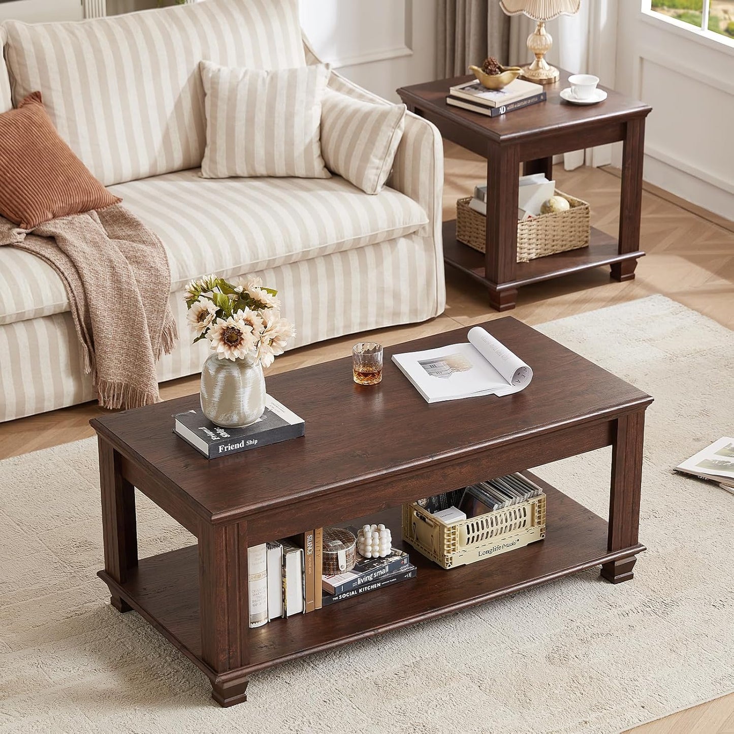 SAVOR LIFE Farmhouse TV Stand and Coffee Table Set 4, Rustic Wood Living Room Table Set with TV Console, Center Table, End Table Set of 2 for Living Room, Walnut